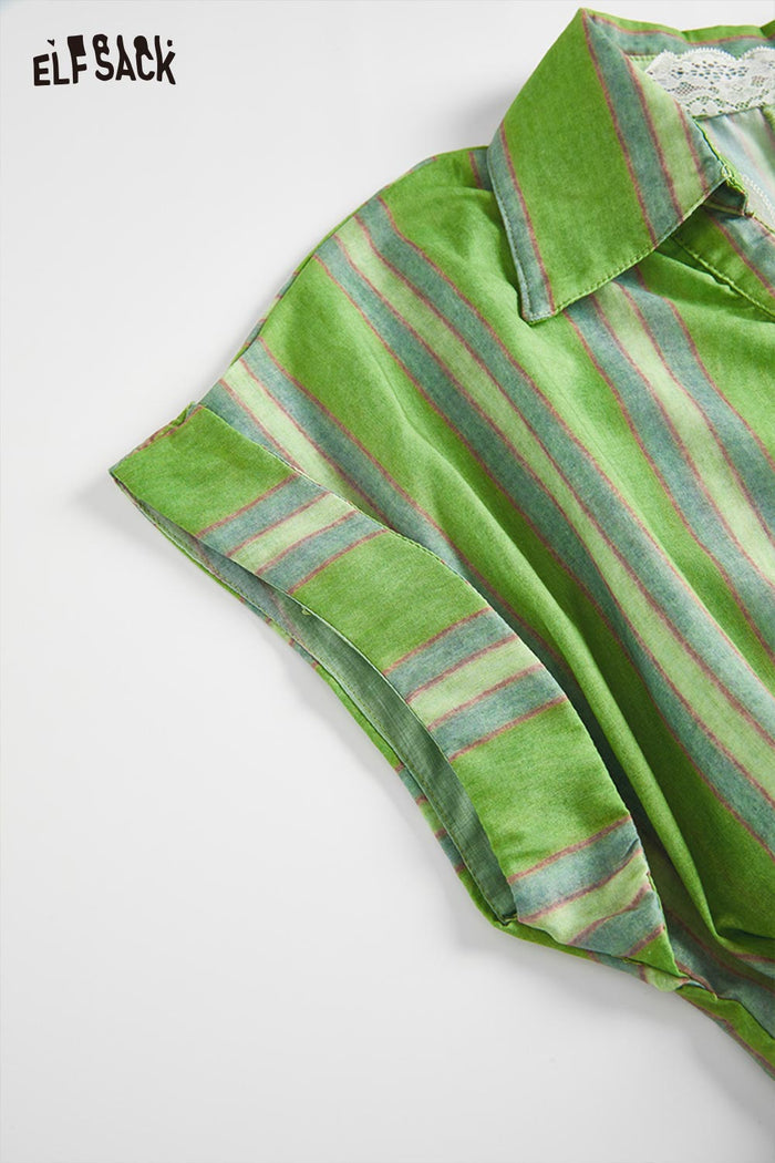 ELFSACK Striped Knot-Front Short Sleeve Cropped Shirt