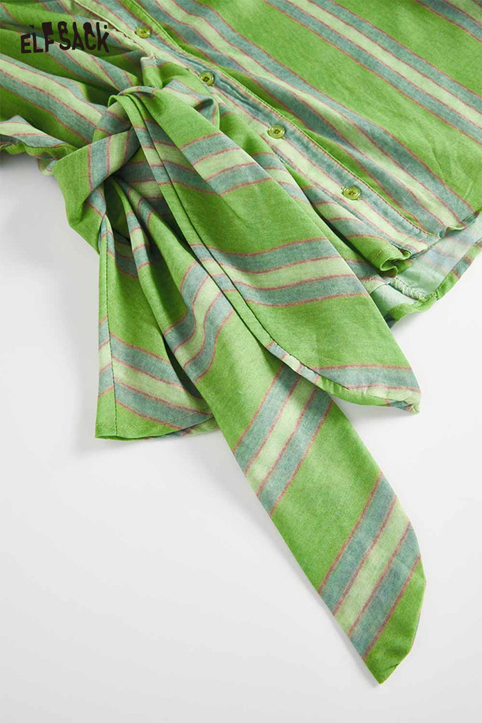 ELFSACK Striped Knot-Front Short Sleeve Cropped Shirt