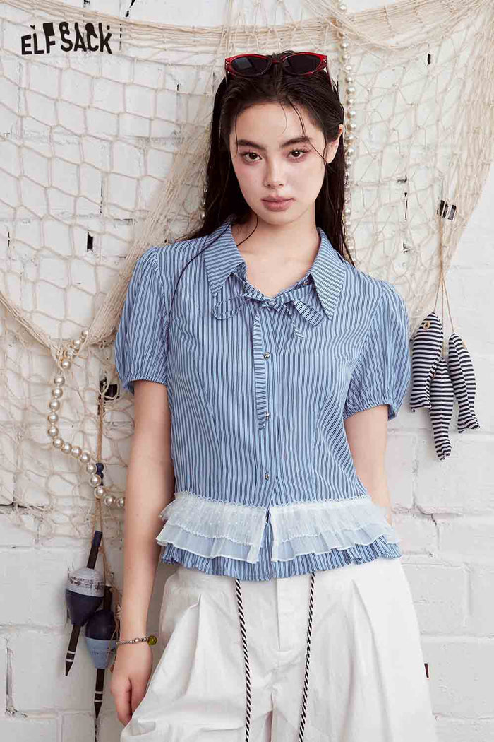 ELFSACK Striped Mesh Ruffle Hem Puff Sleeve Shirt