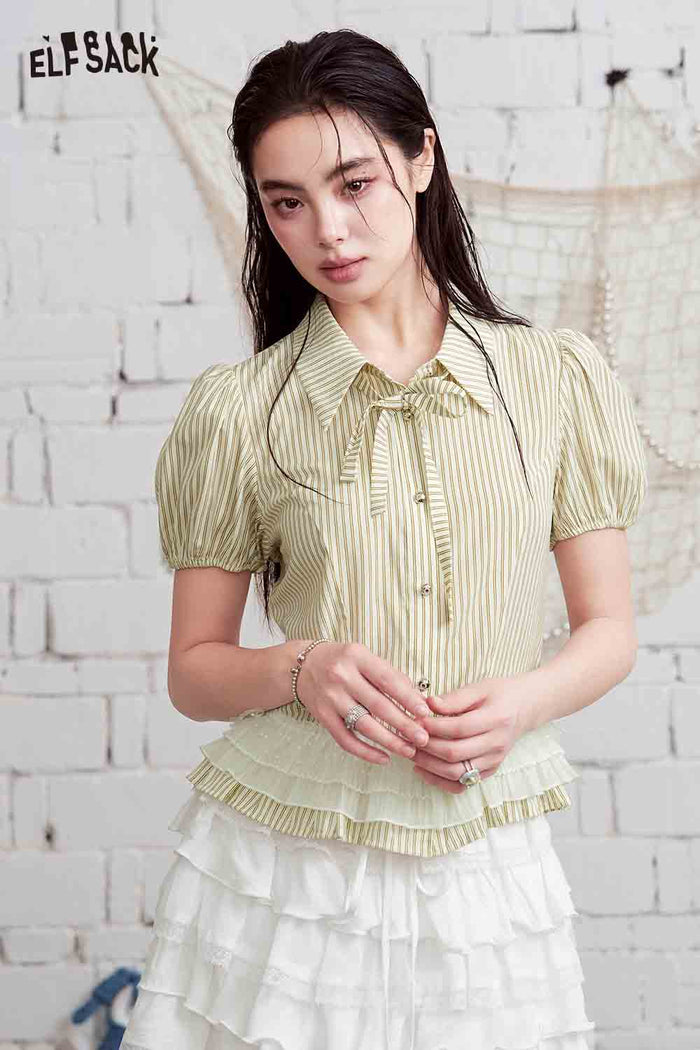 ELFSACK Striped Mesh Ruffle Hem Puff Sleeve Shirt