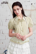 ELFSACK Striped Mesh Ruffle Hem Puff Sleeve Shirt