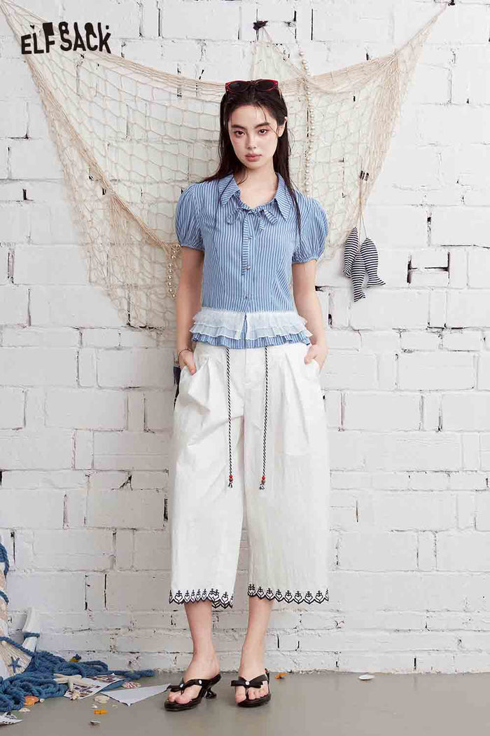 ELFSACK Striped Mesh Ruffle Hem Puff Sleeve Shirt