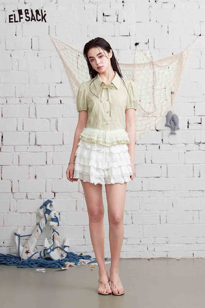 ELFSACK Striped Mesh Ruffle Hem Puff Sleeve Shirt