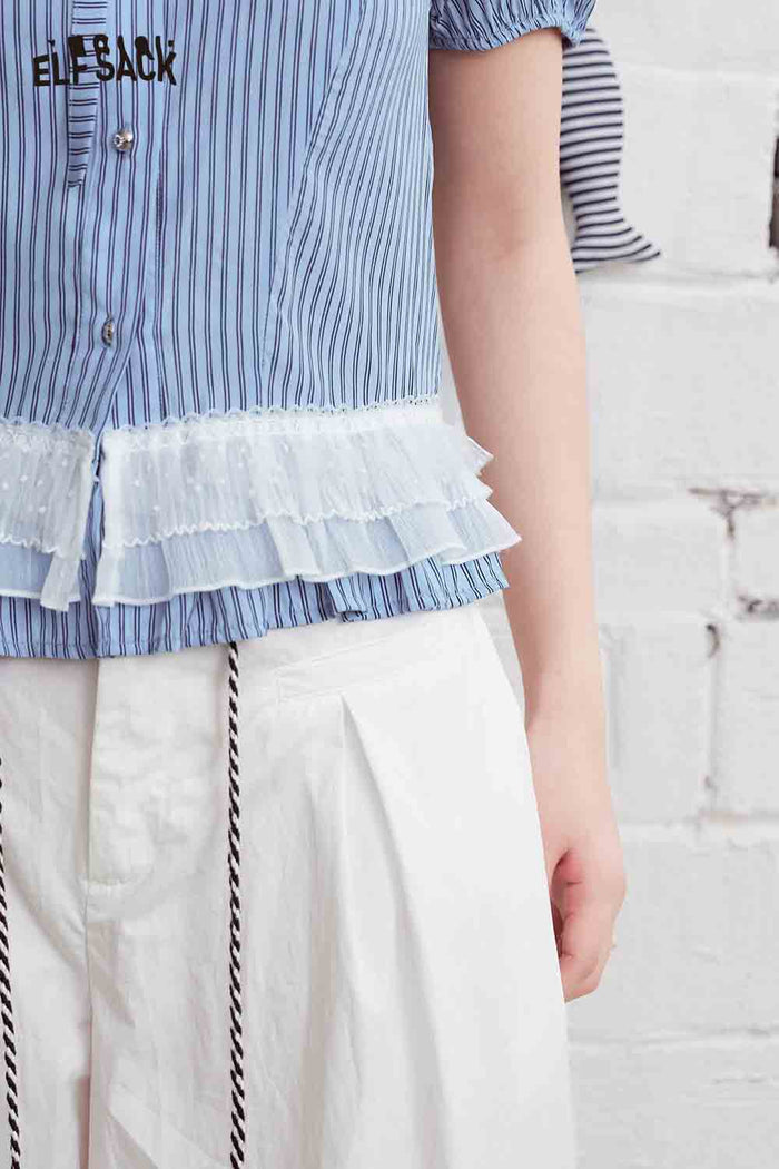ELFSACK Striped Mesh Ruffle Hem Puff Sleeve Shirt
