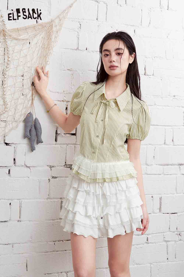 ELFSACK Striped Mesh Ruffle Hem Puff Sleeve Shirt