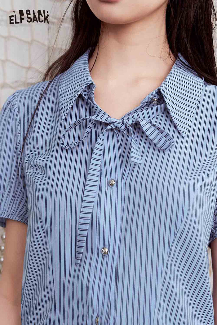 ELFSACK Striped Mesh Ruffle Hem Puff Sleeve Shirt