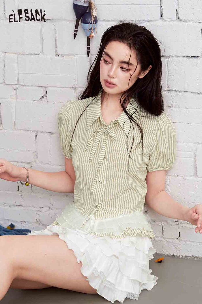 ELFSACK Striped Mesh Ruffle Hem Puff Sleeve Shirt