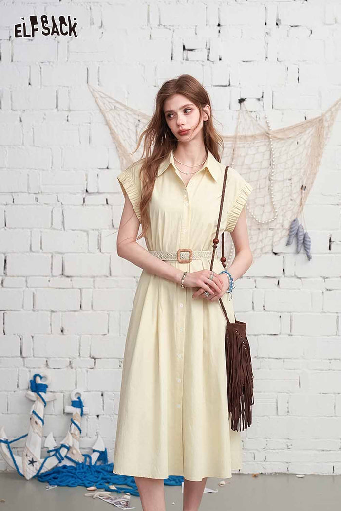 ELFSACK Striped Puff Sleeve Belted Shirt Dress