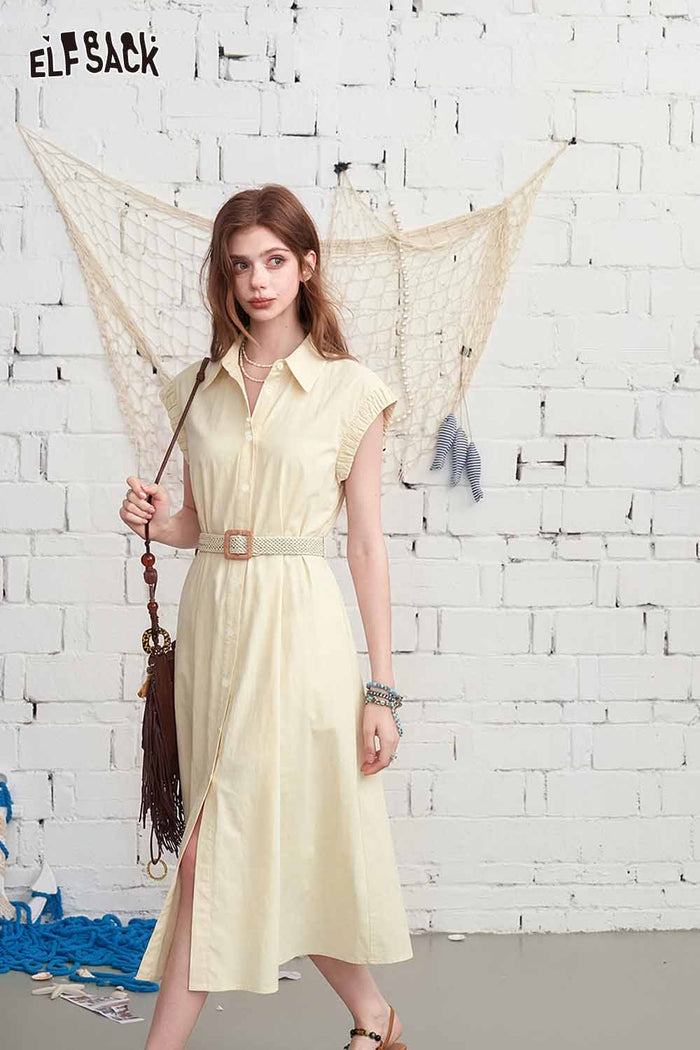 ELFSACK Striped Puff Sleeve Belted Shirt Dress
