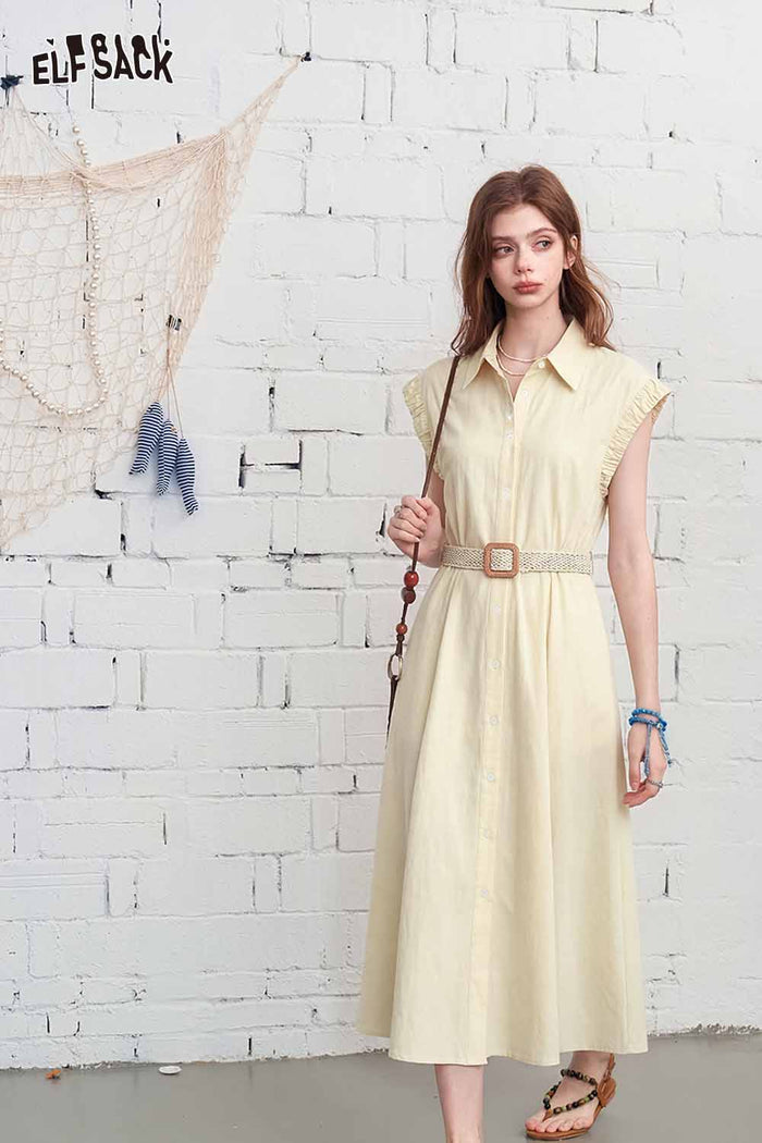 ELFSACK Striped Puff Sleeve Belted Shirt Dress