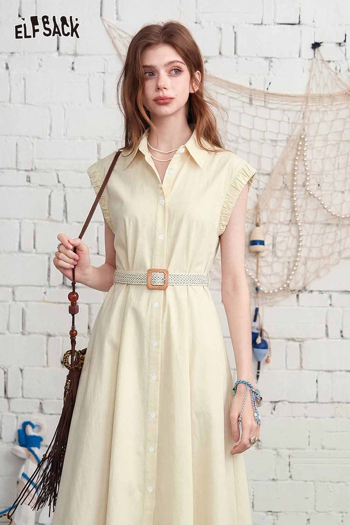 ELFSACK Striped Puff Sleeve Belted Shirt Dress