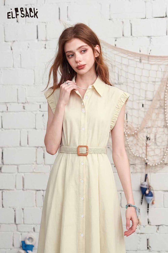 ELFSACK Striped Puff Sleeve Belted Shirt Dress