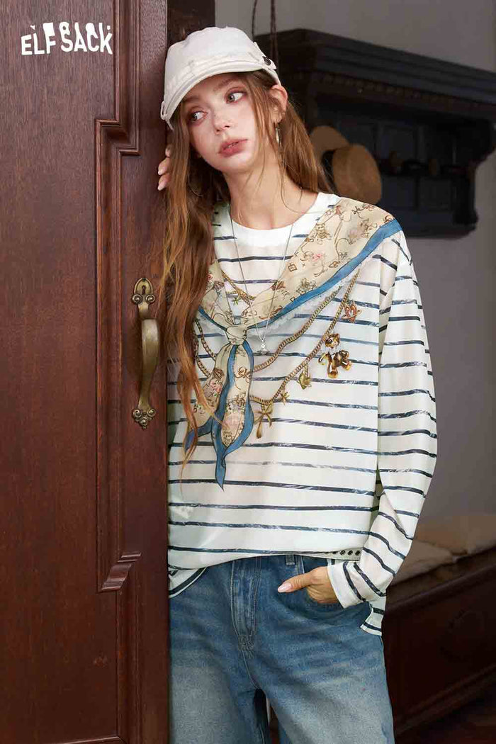 Striped Scarf Print Long Sleeve T-Shirt