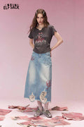 ELFSACK Sweet Cool Distressed Ripped Bow Embroidered Denim Skirt