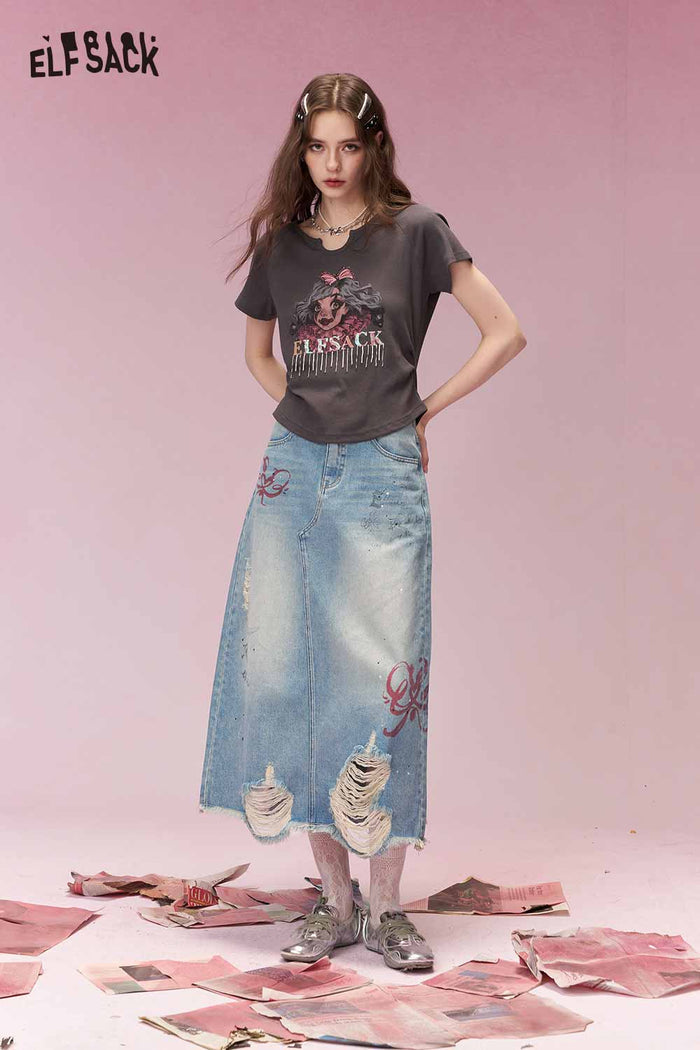 ELFSACK Sweet Cool Distressed Ripped Bow Embroidered Denim Skirt