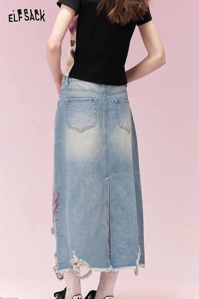 ELFSACK Sweet Cool Distressed Ripped Bow Embroidered Denim Skirt