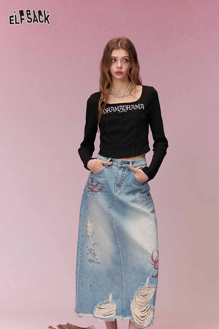 ELFSACK Sweet Cool Distressed Ripped Bow Embroidered Denim Skirt