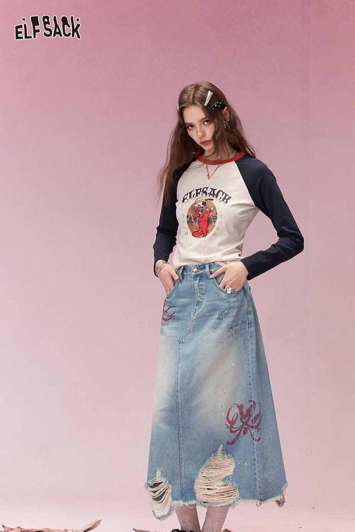 ELFSACK Sweet Cool Distressed Ripped Bow Embroidered Denim Skirt