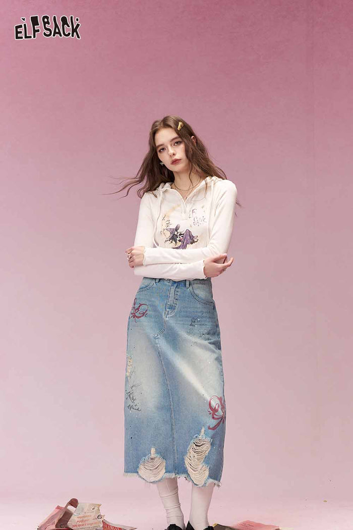 ELFSACK Sweet Cool Distressed Ripped Bow Embroidered Denim Skirt