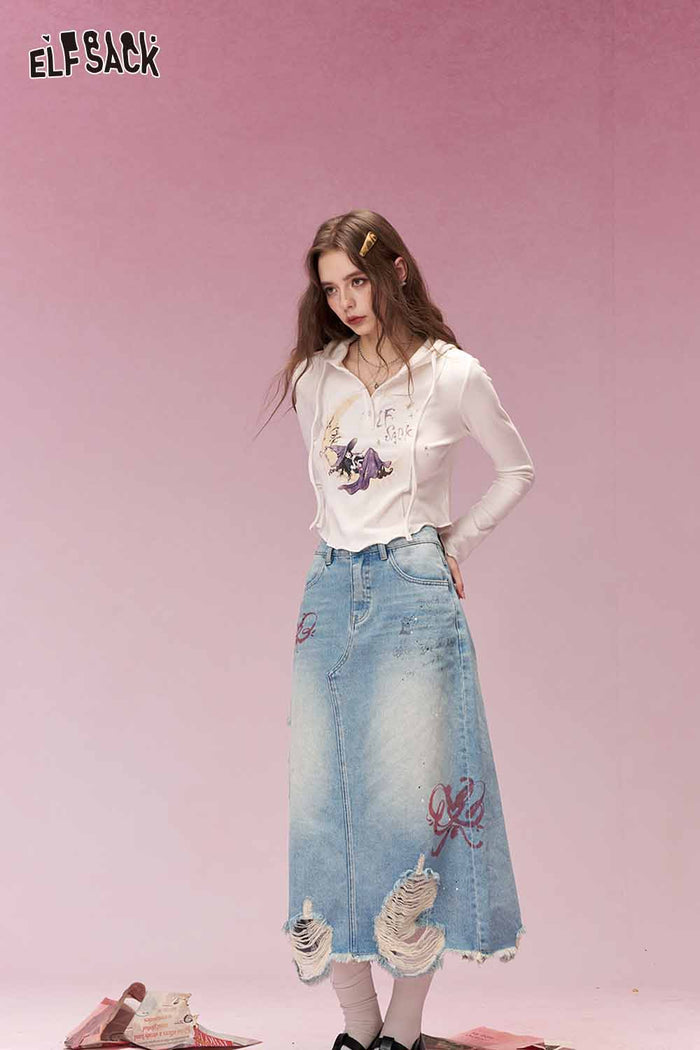 ELFSACK Sweet Cool Distressed Ripped Bow Embroidered Denim Skirt