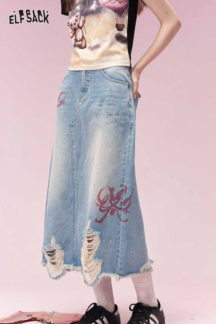 ELFSACK Sweet Cool Distressed Ripped Bow Embroidered Denim Skirt