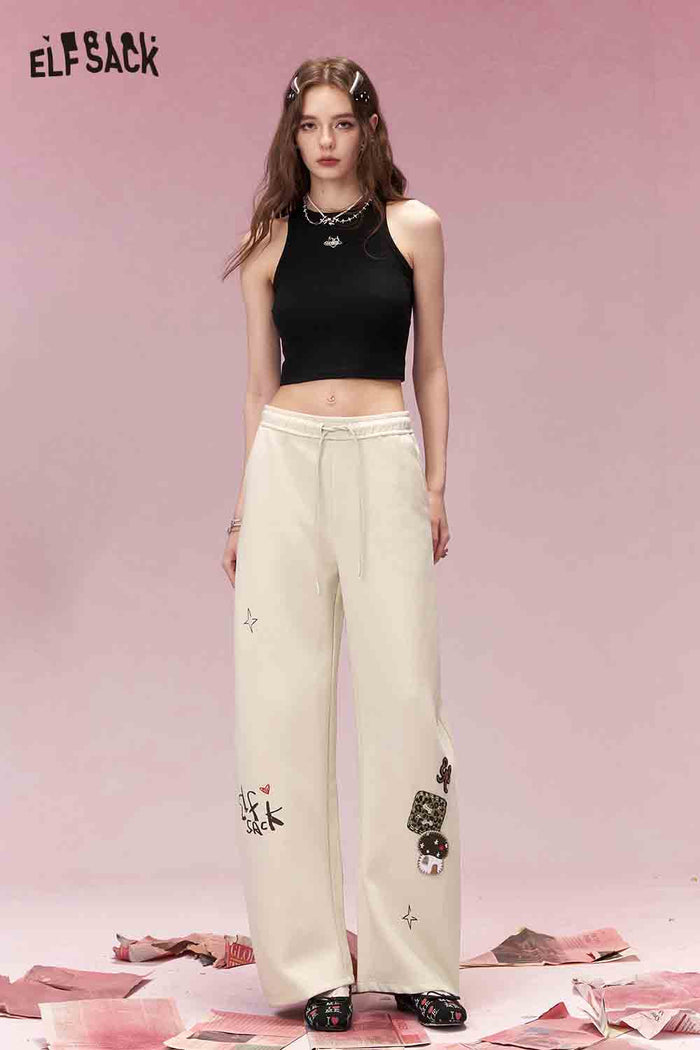 ELFSACK Sweet Cool Whimsical Cartoon Print Drawstring Wide Leg Sweatpants