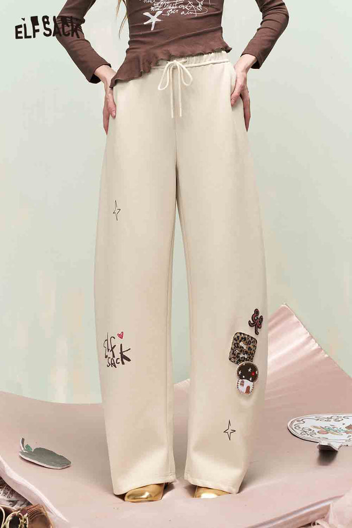 ELFSACK Sweet Cool Whimsical Cartoon Print Drawstring Wide Leg Sweatpants