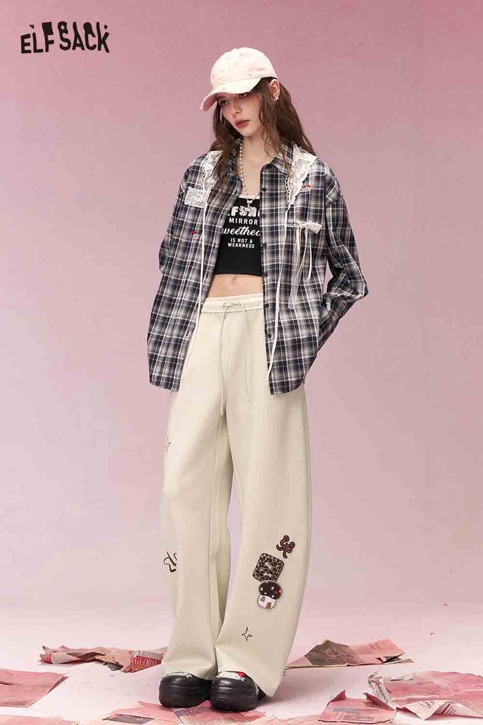 ELFSACK Sweet Cool Whimsical Cartoon Print Drawstring Wide Leg Sweatpants