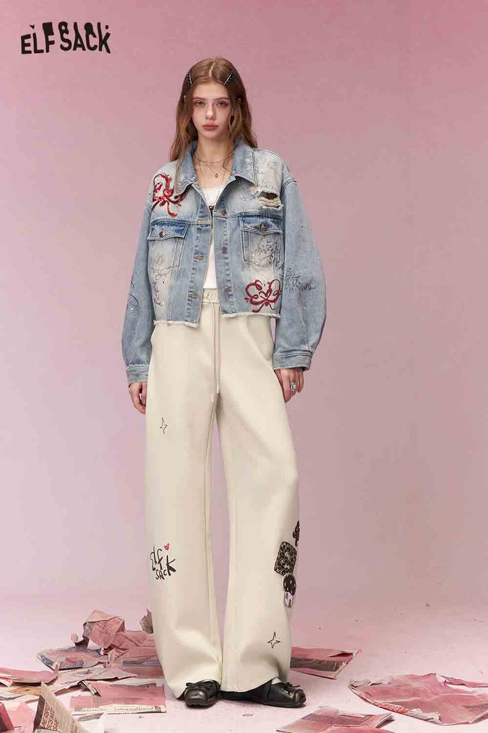 ELFSACK Sweet Cool Whimsical Cartoon Print Drawstring Wide Leg Sweatpants