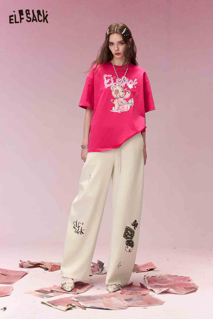 ELFSACK Sweet Cool Whimsical Cartoon Print Drawstring Wide Leg Sweatpants
