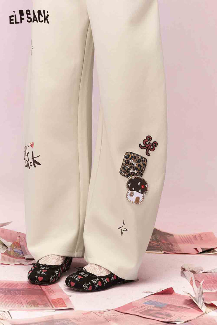 ELFSACK Sweet Cool Whimsical Cartoon Print Drawstring Wide Leg Sweatpants