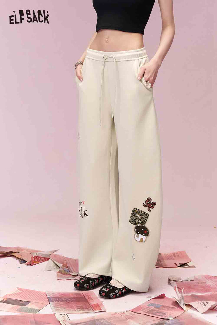ELFSACK Sweet Cool Whimsical Cartoon Print Drawstring Wide Leg Sweatpants