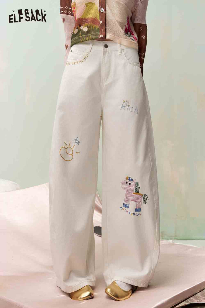 ELFSACK Sweet Cool Wide Leg Jeans with Embroidery