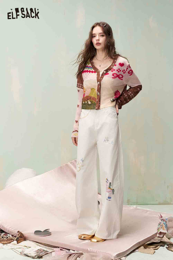 ELFSACK Sweet Cool Wide Leg Jeans with Embroidery