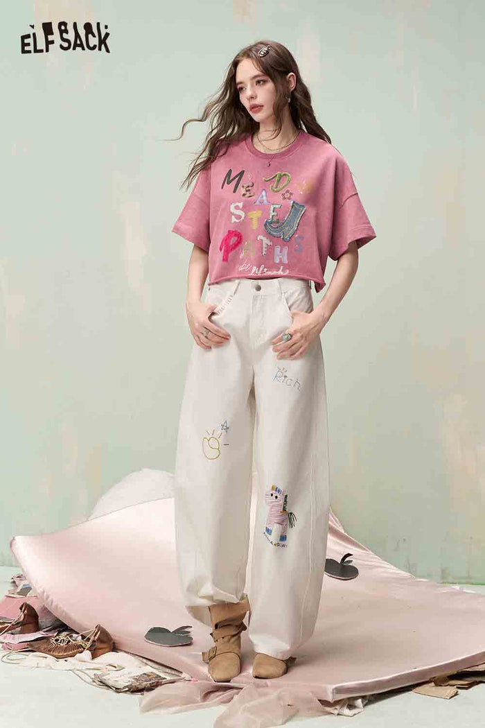 ELFSACK Sweet Cool Wide Leg Jeans with Embroidery