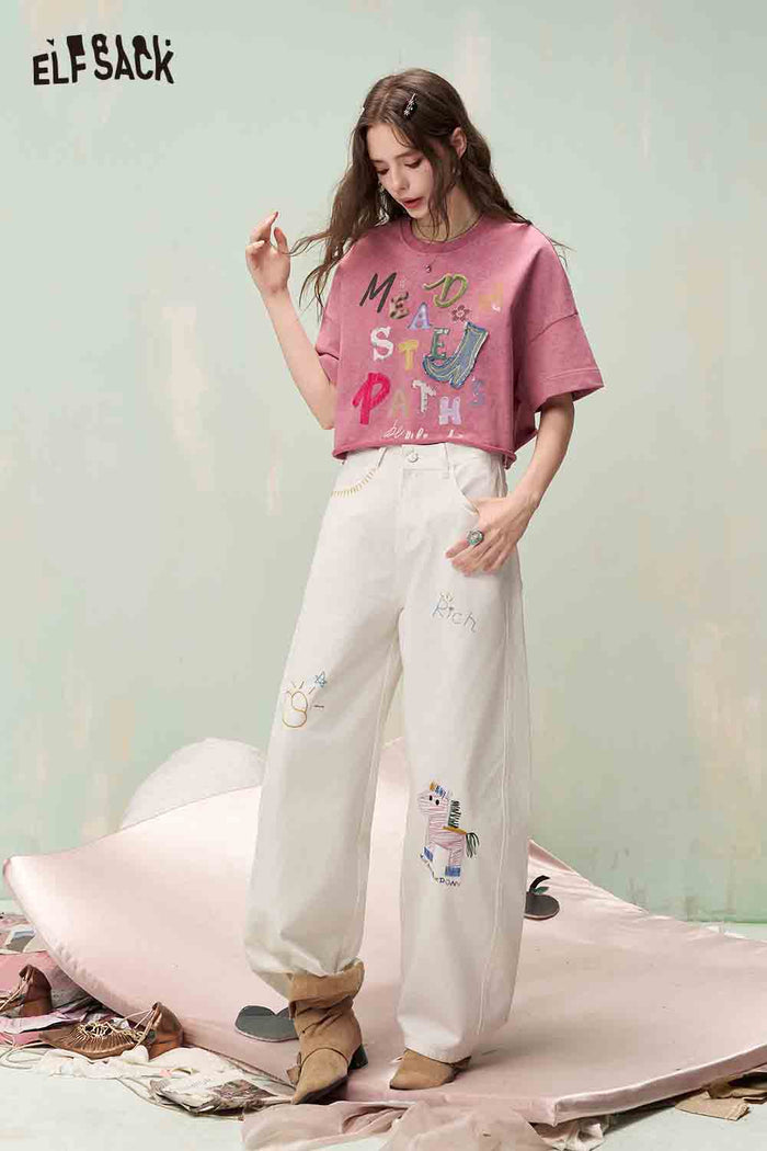 ELFSACK Sweet Cool Wide Leg Jeans with Embroidery