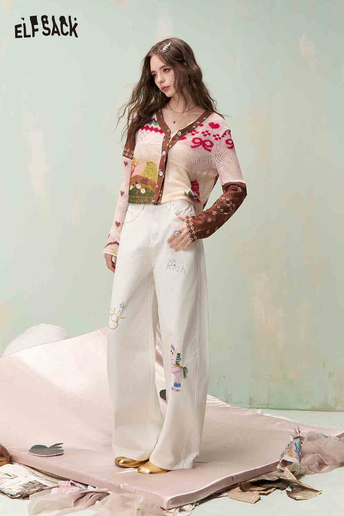 ELFSACK Sweet Cool Wide Leg Jeans with Embroidery