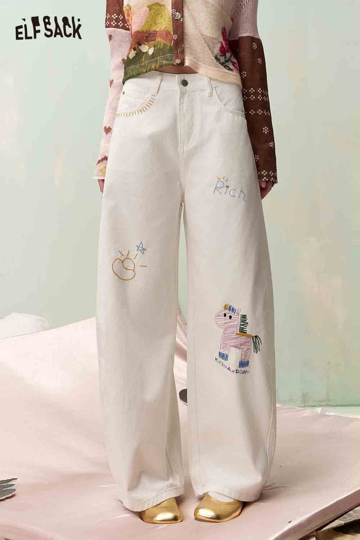 ELFSACK Sweet Cool Wide Leg Jeans with Embroidery