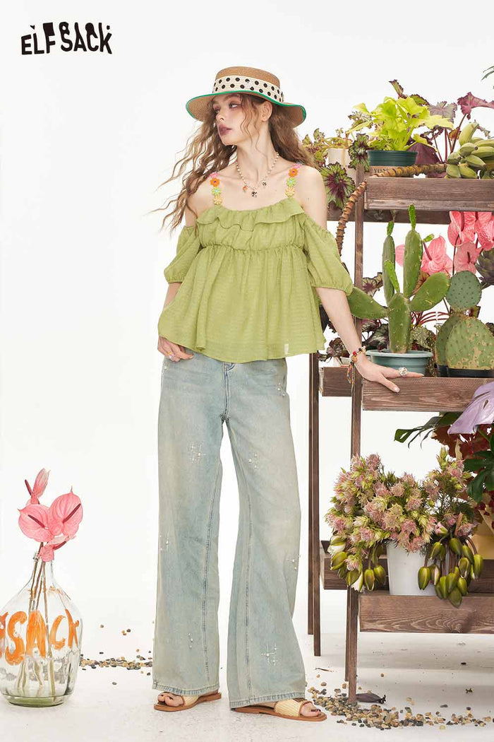 ELFSACK Sweet Floral Strap Cold Shoulder Top