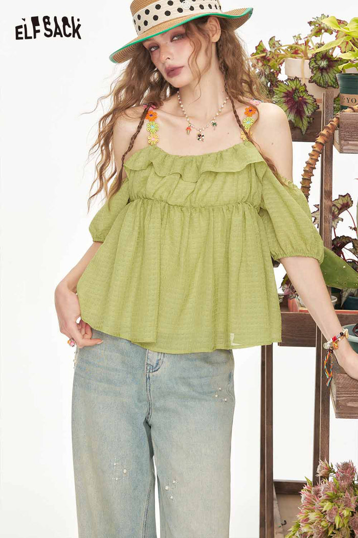 ELFSACK Sweet Floral Strap Cold Shoulder Top