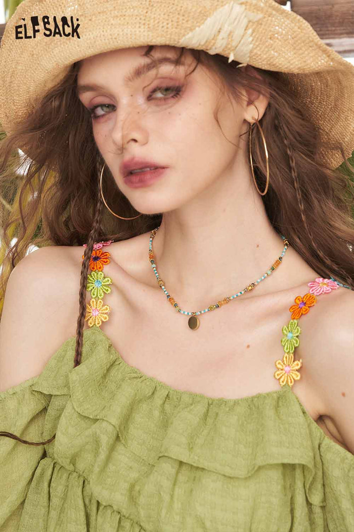 ELFSACK Sweet Floral Strap Cold Shoulder Top