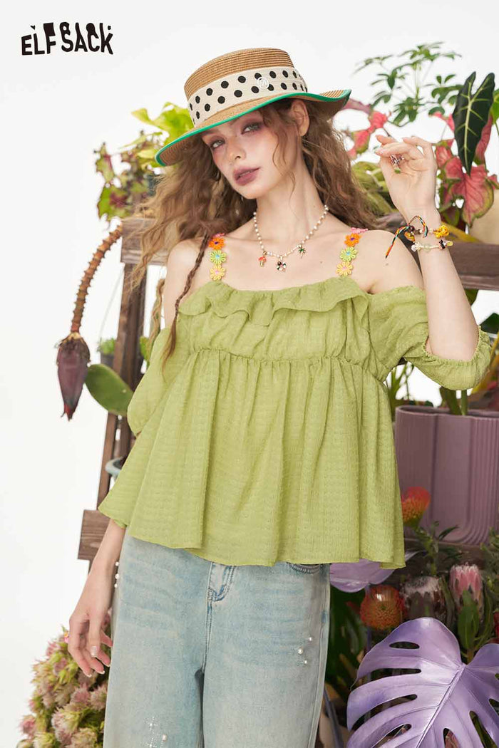 ELFSACK Sweet Floral Strap Cold Shoulder Top