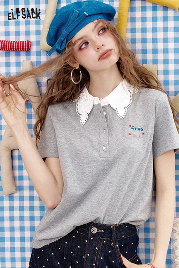 ELFSACK Sweet Lace Collar Fake Two-Piece Polo Top