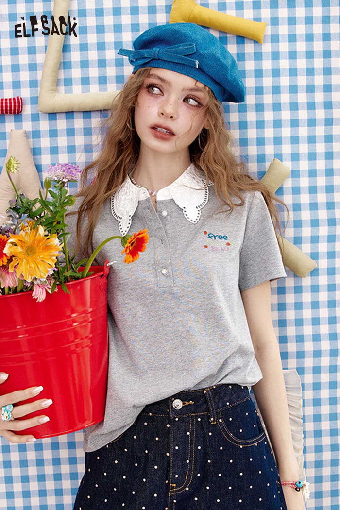 ELFSACK Sweet Lace Collar Fake Two-Piece Polo Top