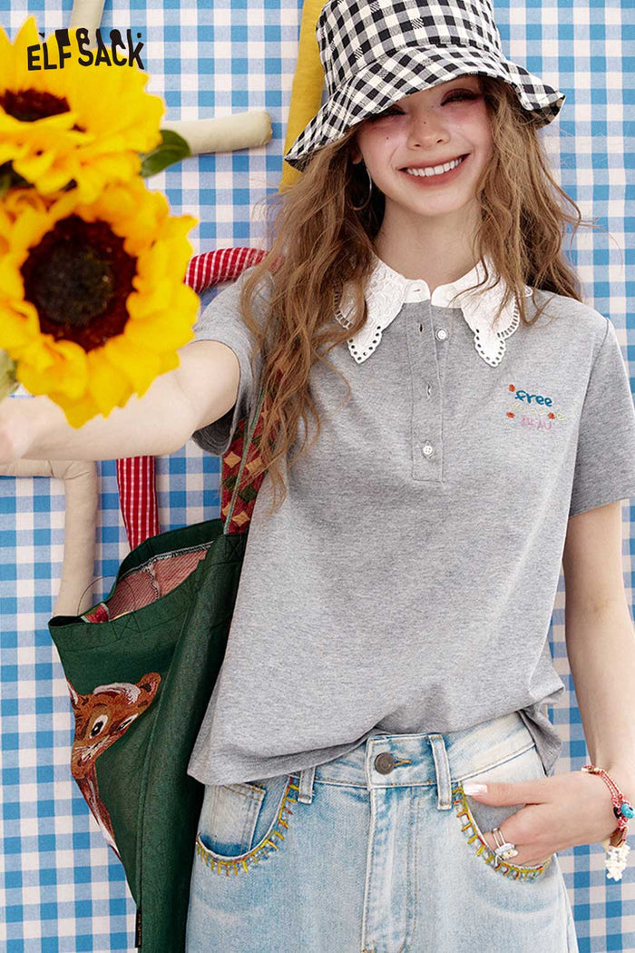 ELFSACK Sweet Lace Collar Fake Two-Piece Polo Top