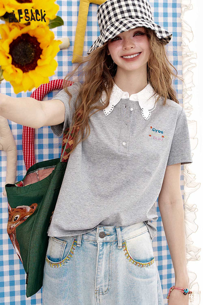 ELFSACK Sweet Lace Collar Fake Two-Piece Polo Top