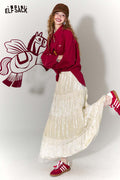 ELFSACK Sweet Multi Layer Lace Trim Velvet Maxi Skirt