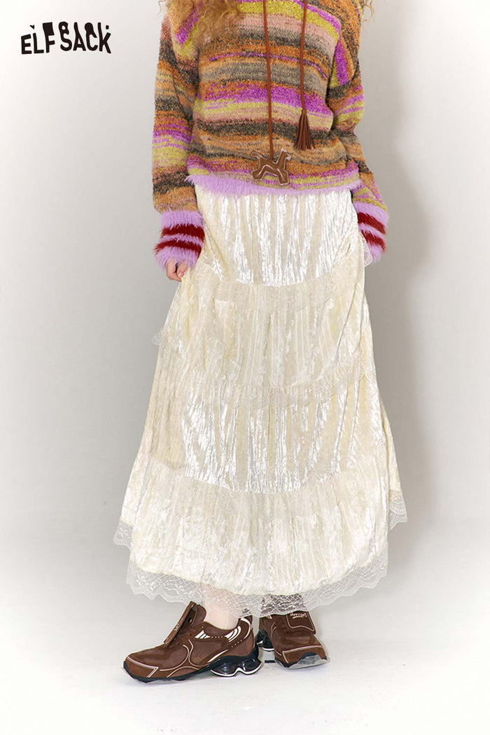 ELFSACK Sweet Multi Layer Lace Trim Velvet Maxi Skirt