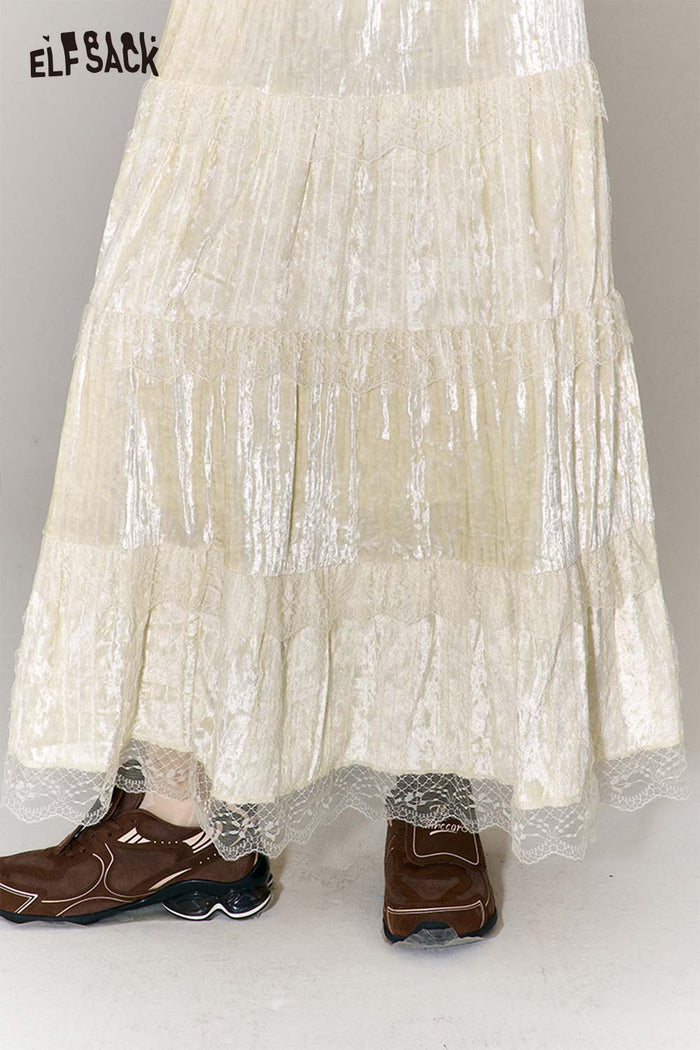 ELFSACK Sweet Multi Layer Lace Trim Velvet Maxi Skirt
