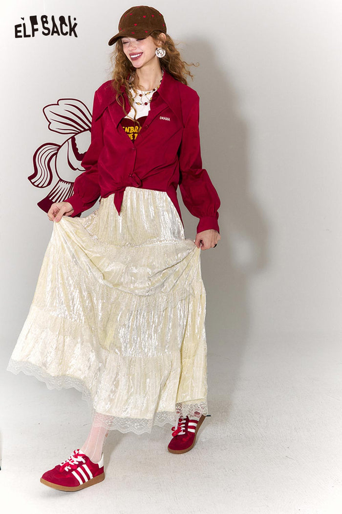 ELFSACK Sweet Multi Layer Lace Trim Velvet Maxi Skirt